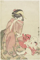 Femme jouant avec un enfant avec un masque de tengu, 1795-1802